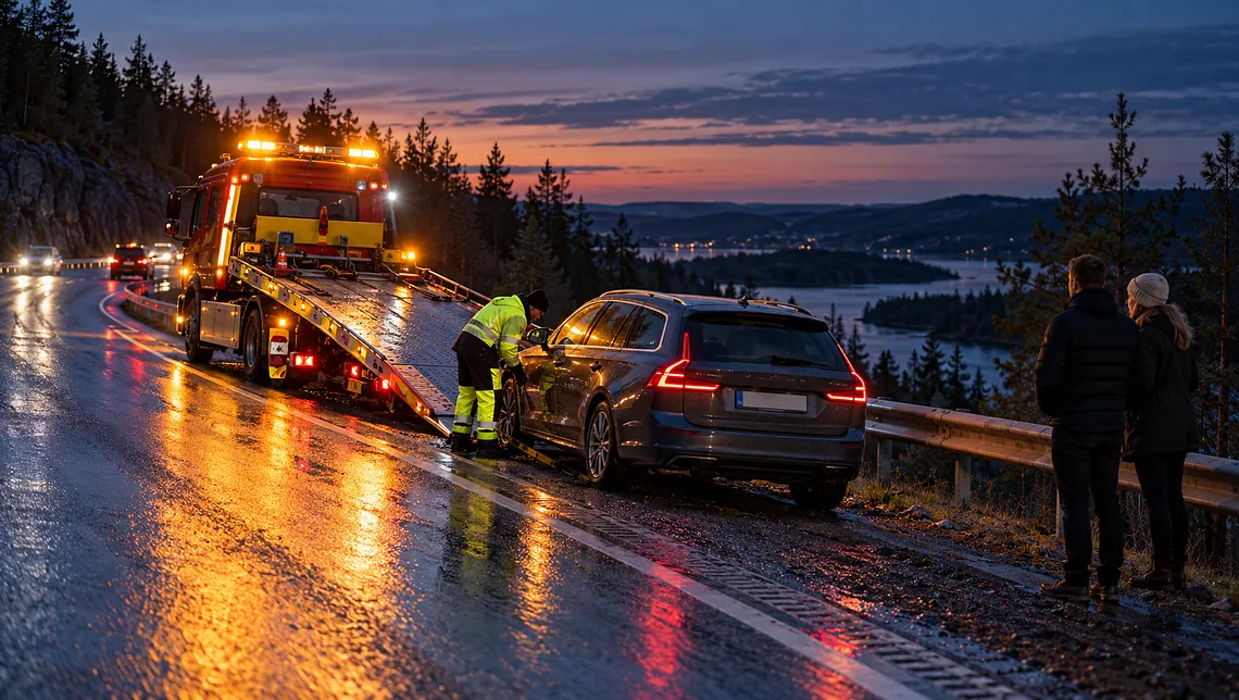 Vägassistans i skymningens regn