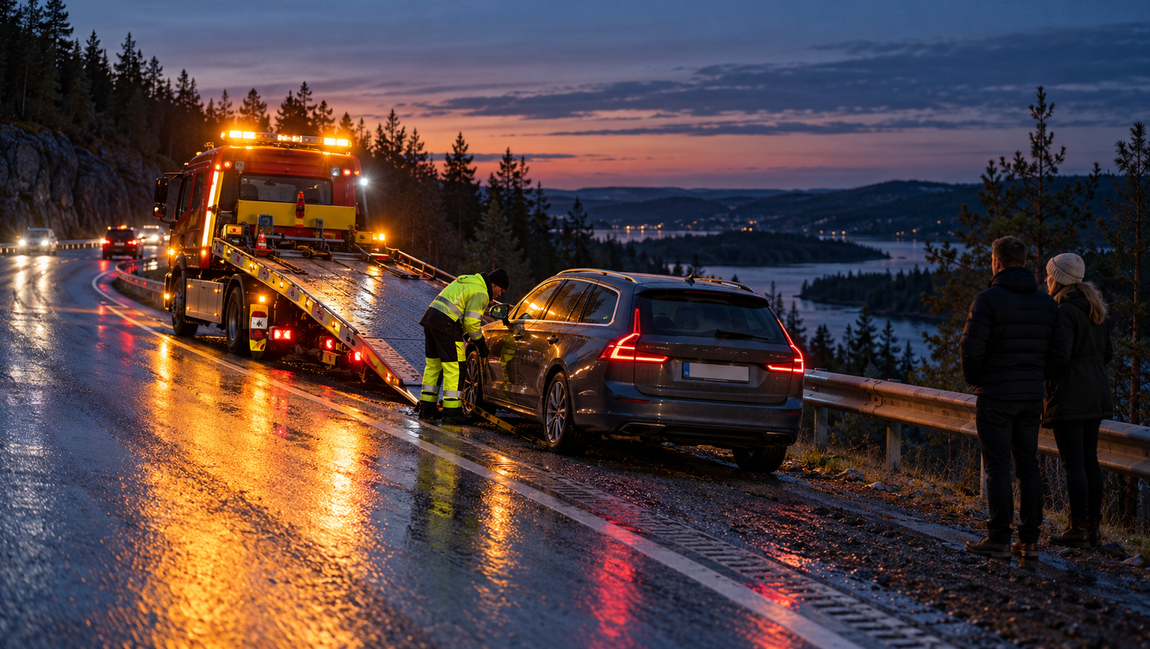 Vägassistans i skymningens regn