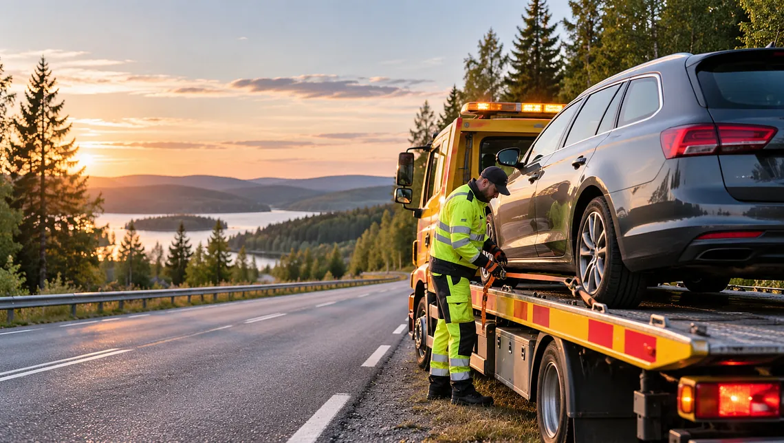 Vägassistans vid sjön i solnedgången
